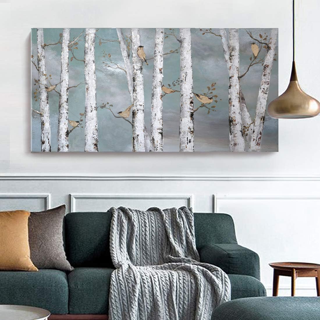 amatop Large Tree Wall Art Hand-Painted Landscape Forest Oil Painting Gallery Wrapped Framed Canvas Gold Bird Artwork 'White Birch at Night' for Living Room Bedroom Office Decor Teal White 48"x24"