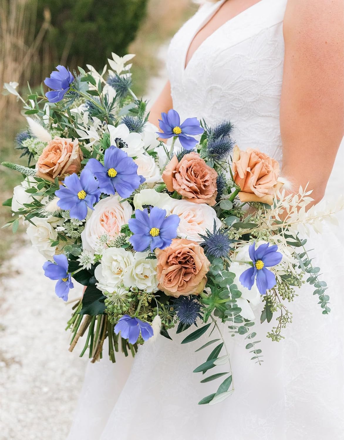 IPOPU Blue Flowers Artificial Cosmos 5PCS Fake Blue Wildflowers 24.5" Fake Daisies for Home Decor Indoor Faux Wild Flowers for Floral Arrangements Wedding Centerpiece