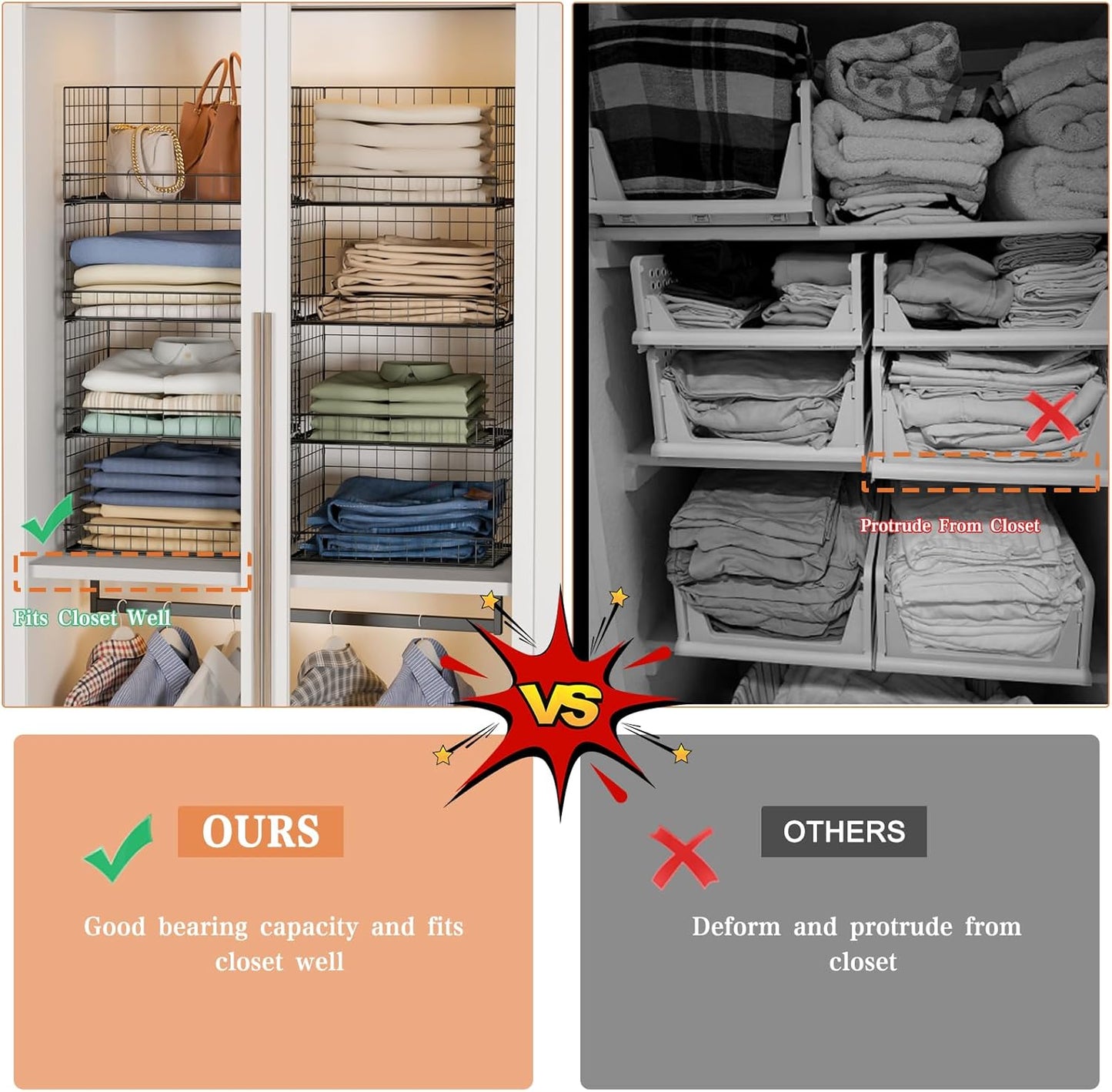 4-Tier Stackable Closet Organizers and Storage Shelves, Clothes Shelf Organizer Basket Bins, Foldable Sweater Storage for Closet Organizer System, Black (Patent Pending)