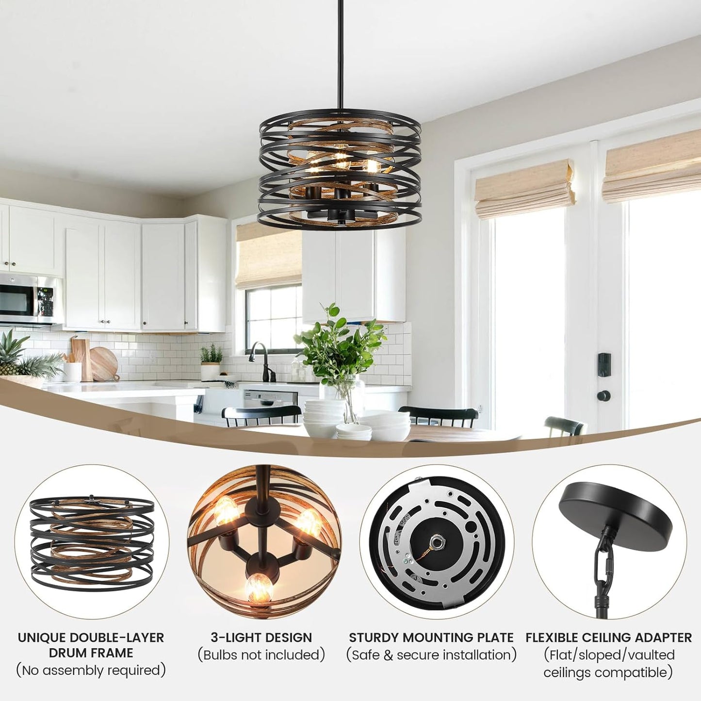 Farmhouse Chandelier, Dining Room Light Fixture, 3-Light Modern Black Pendant Light Fixture, Rustic Industrial Ceiling Hanging Light Fixture for Entryway Foyer Kitchen Over Table Hallway