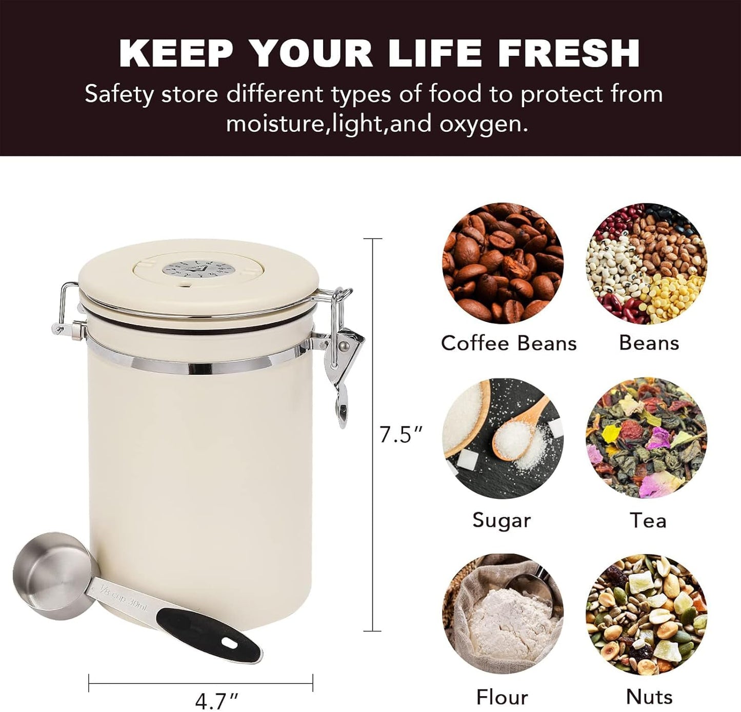 ShanSon Coffee Canister Airtight Coffee Container Stainless Steel Coffee Bean Storage Container with Scoop Coffee Canister for Beans Grounds Sugar Flour Tea Cereal,22OZ, Beige