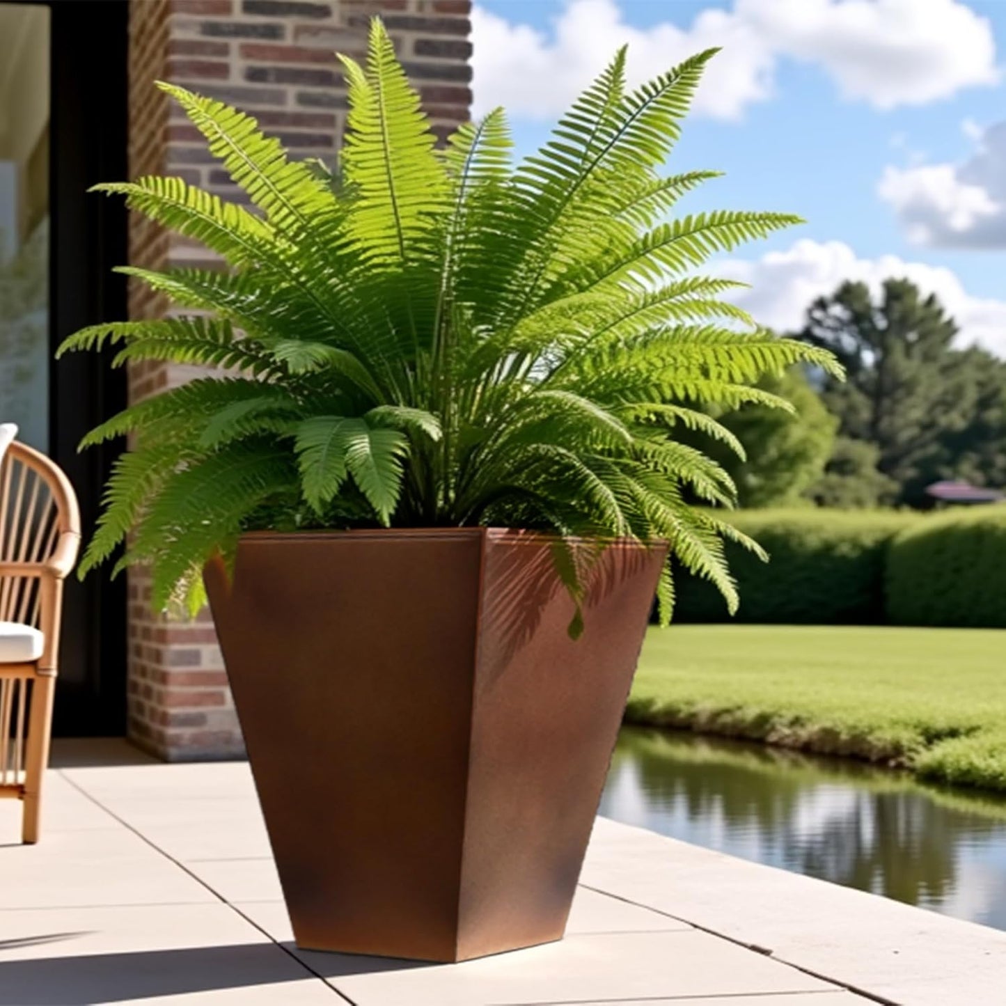 Worth Garden 14" Dia x 18" H Large Metal Floor Planter Set of 2, Matte Bronze Retro Finish Tall Square Tapered Steel Plant Pots, Decor Flower Pot Indoor & Outdoor, Drainage Hole