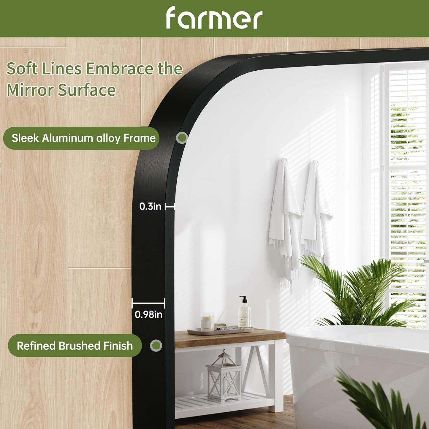 FARMER 24x36 Inch Black Bathroom Mirror, Rectangle Vanity Mirror, Brushed Mirrors for Wall, Metal Frame Hanging Mirror with Round Corner for Bedrooms, Entryways, Living Rooms, Horizontal/Vertical