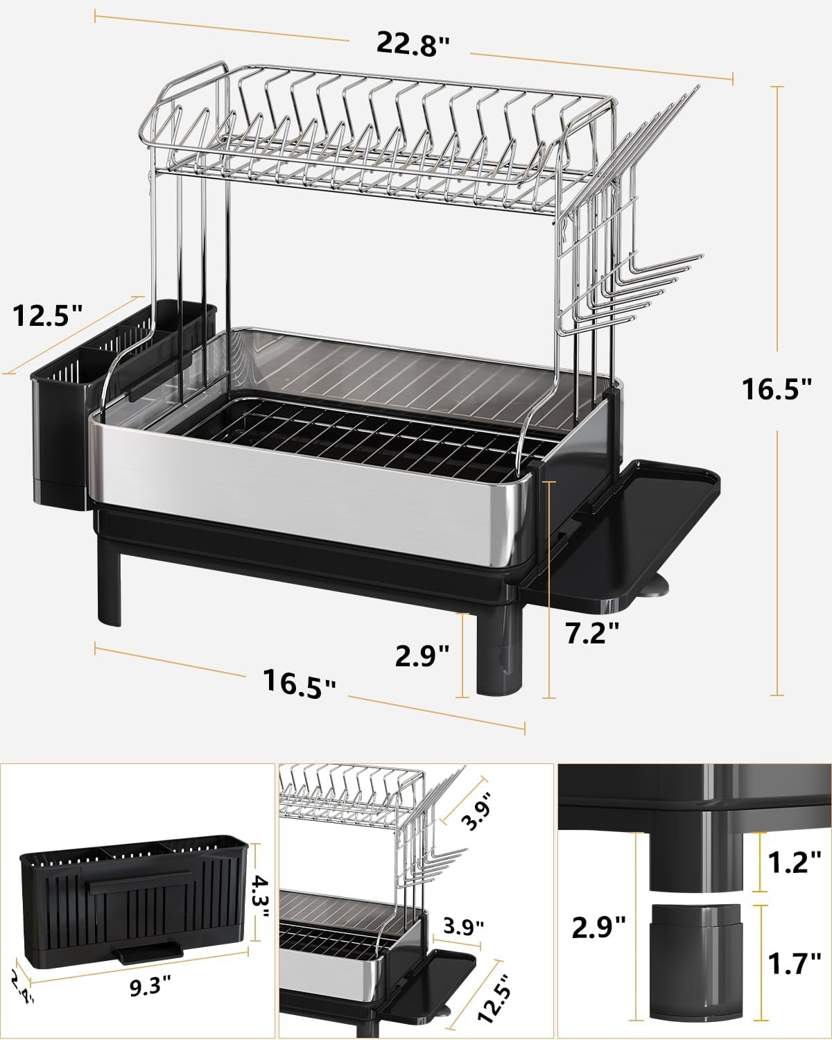 BOOSINY Dish Drying Rack with Drainboard, Stainless Steel Dish Rack, 2 Tier Extra Large Dish Drainer with Cup Holder and Utensil Holder for Kitchen Counter