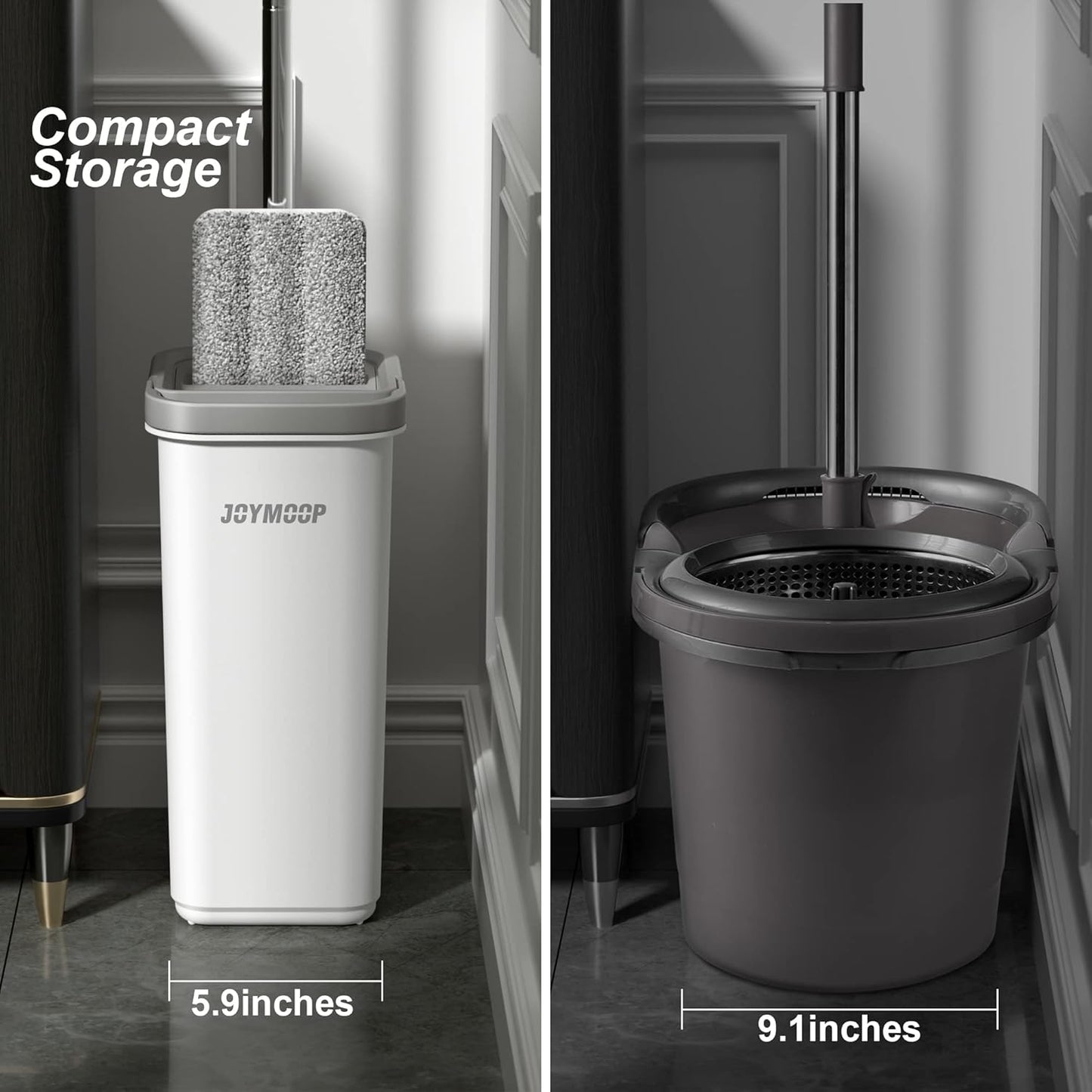 JOYMOOP Mop and Bucket with Wringer Set, Hands Free Flat Floor Mop and Bucket, 60" Mop with 5 Reusable Microfiber Pads, Wet and Dry Use, Floor Cleaning System