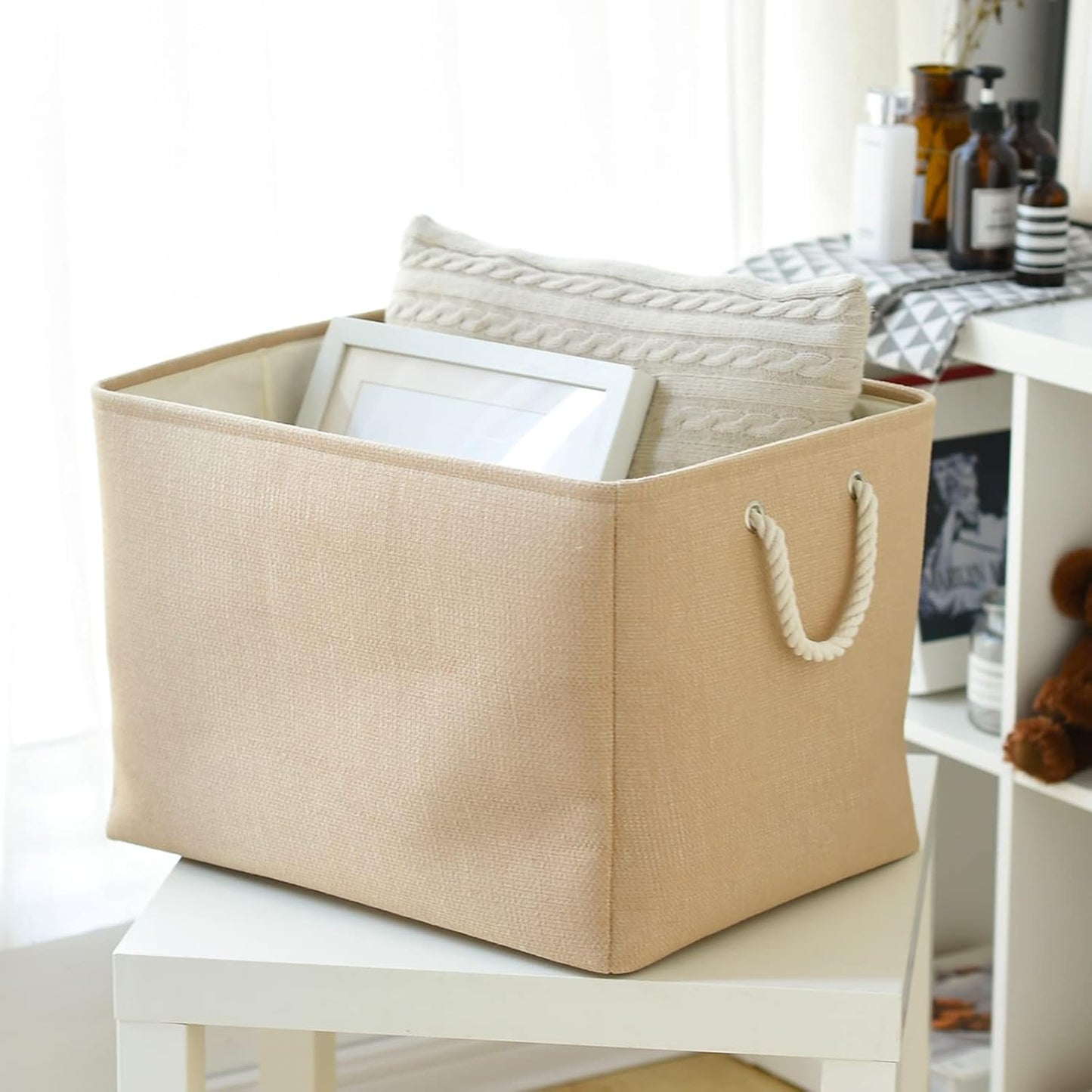 TheWarmHome Storage Bin for Shevles - Extra Jumbo 3Pack 20.5L×15.7W×13.8H inch Organization and Storage Basket for Organizing, Fabric Storage Cubes for Closet Shoe Linen Decorative (Beige)