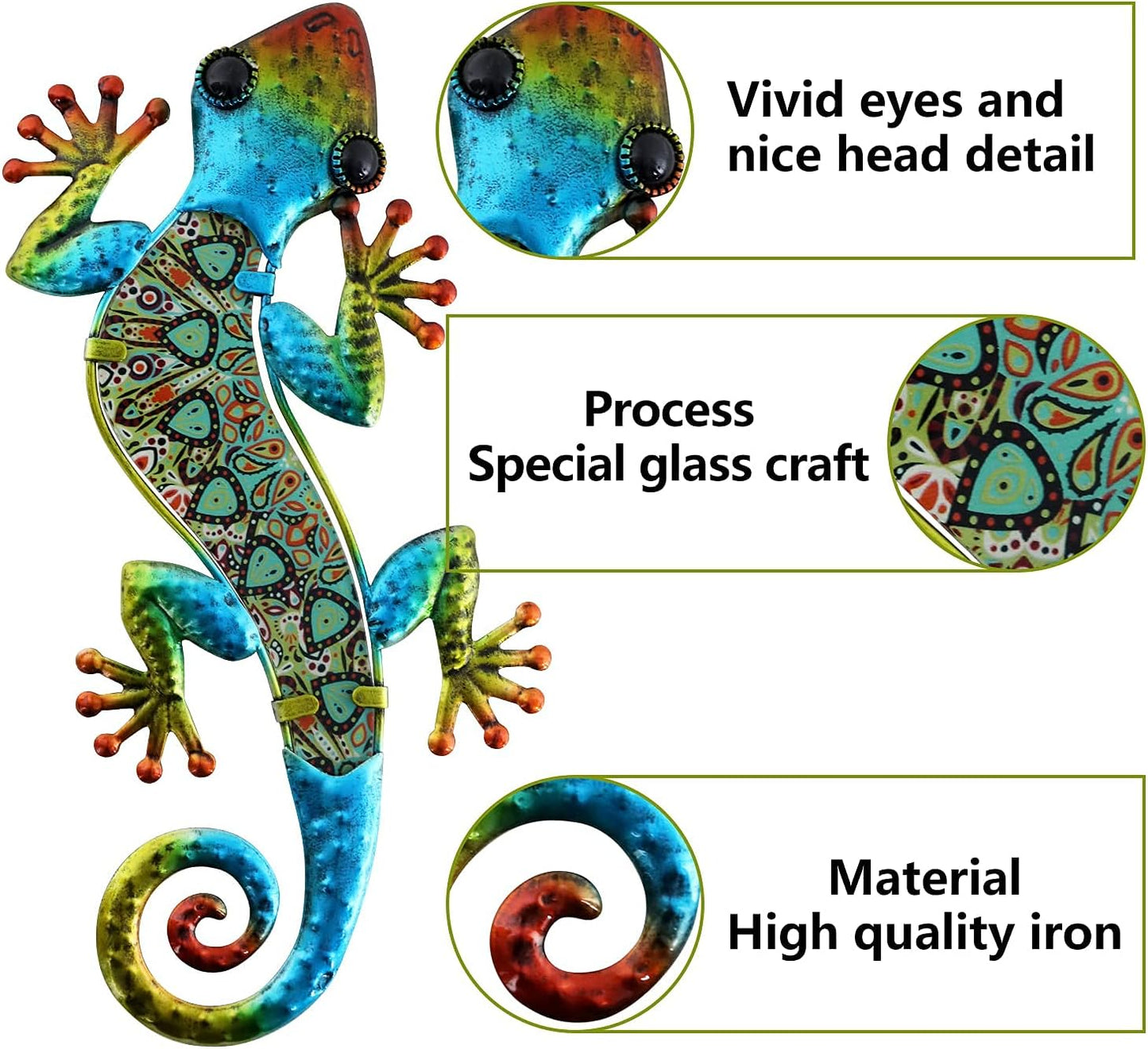 HONGLAND 2Pcs Metal Gecko Wall Decor Lizard Garden Art Color Hanging Glass Sculpture for Indoor Outdoor Patio Fence (Symphony)