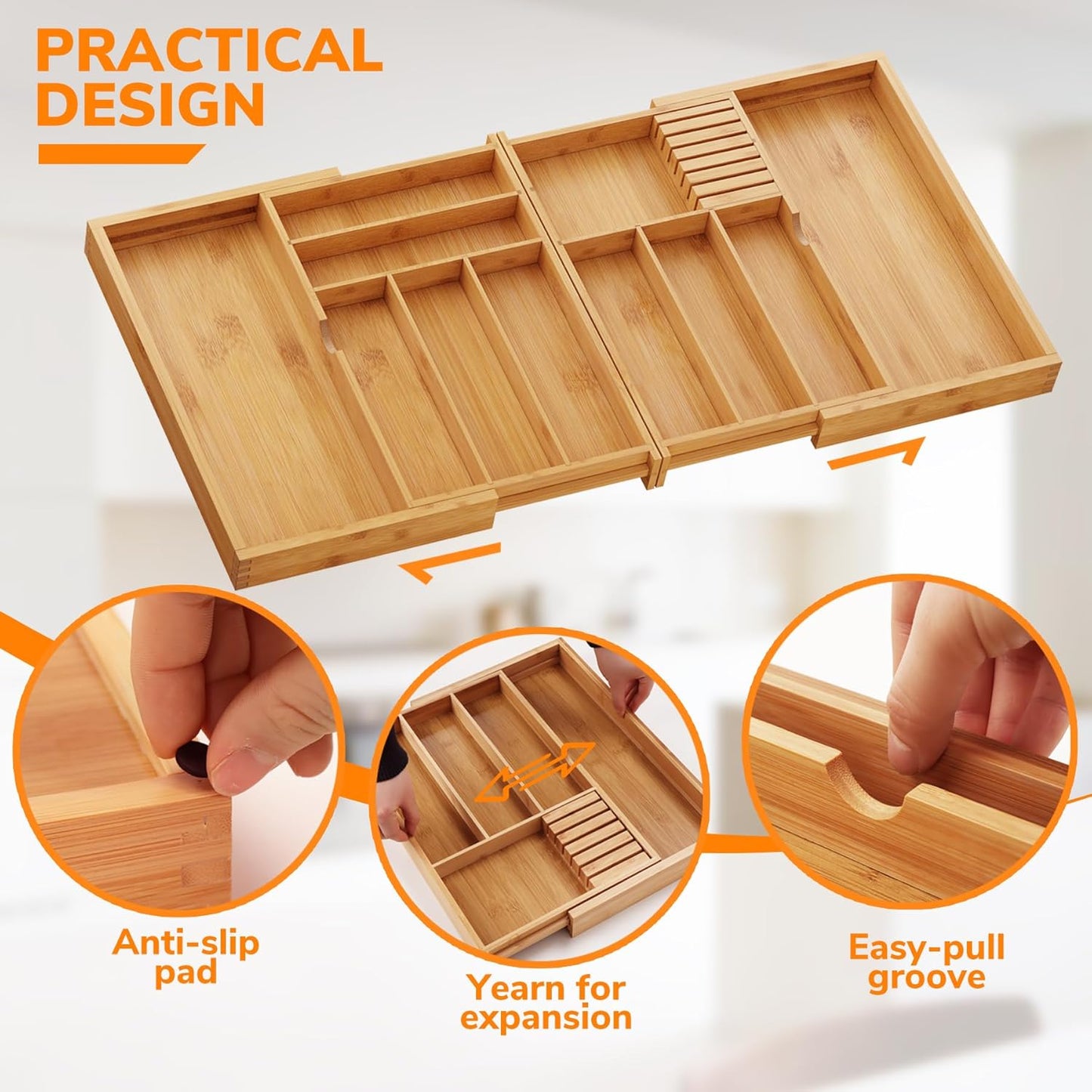 BAMEOS Expandable Silverware Drawer Organizer with Removable Knife Blocks, Bamboo Kitchen Utensil Holder from 21" to 36", Large Cutlery Tray with Divider for Forks, Spoons, Knives