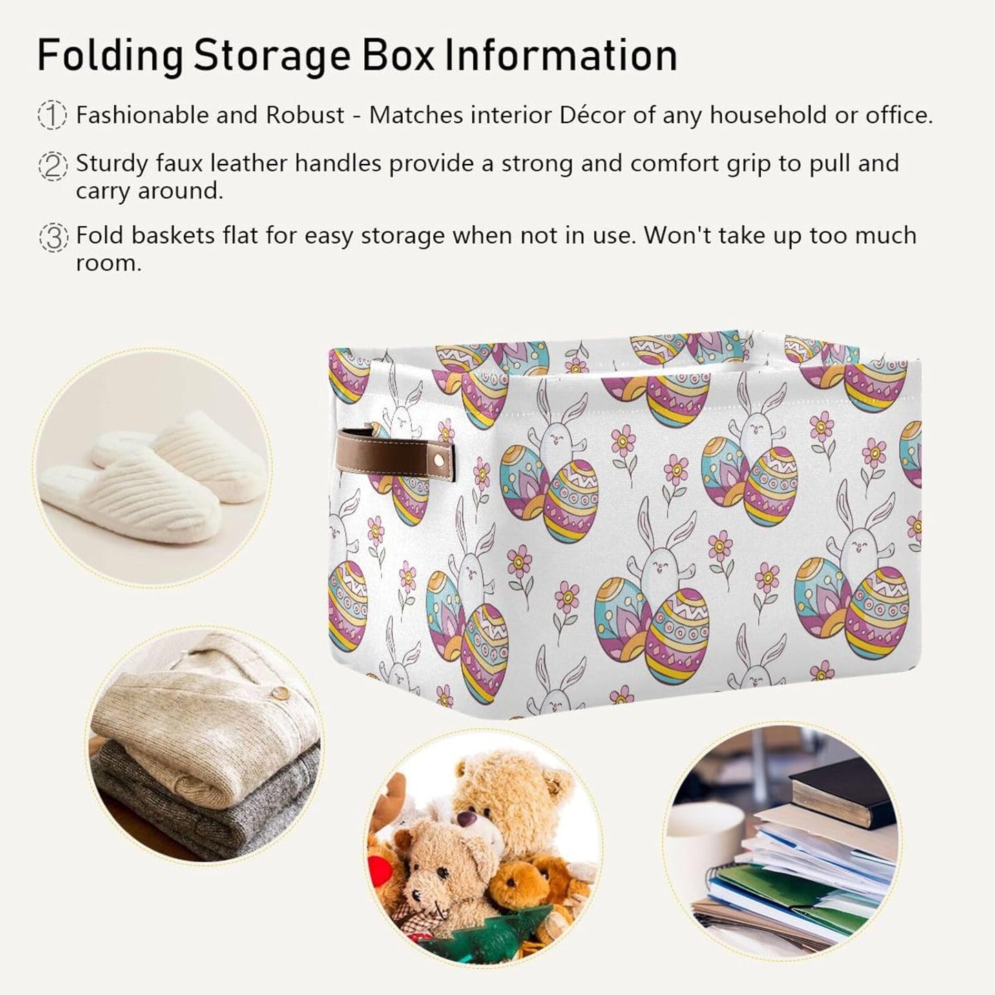 susiyo Easter Storage Basket with Handles, Cute Easter Rabbit Egg Large Foldable Fabric Collapsible Storage Bins Organizer Bag for Storage