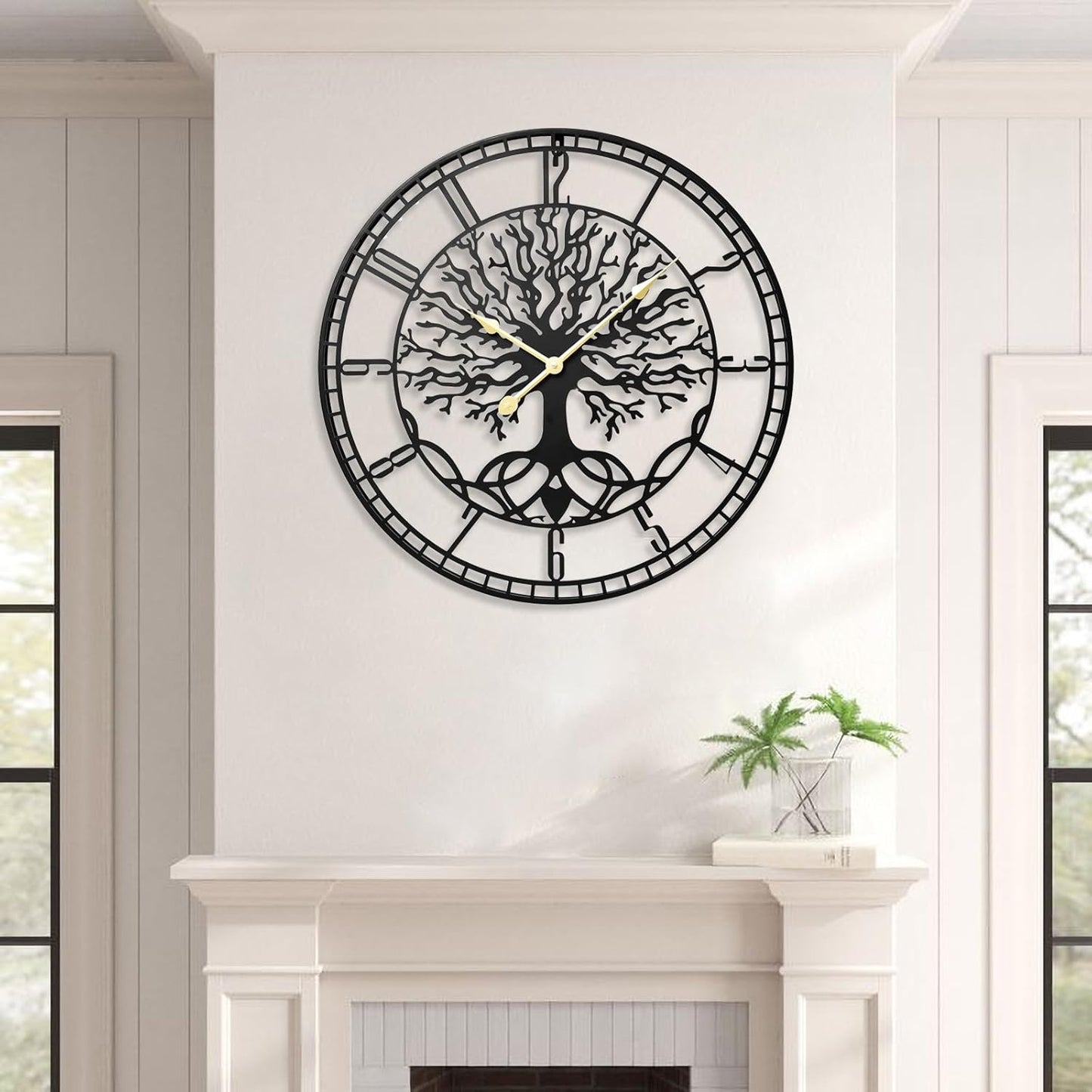 Tree of Life Wall Clock – Elegant 24-Inch Oversized Metal Farmhouse Decor for Living Room, Modern Battery Operated Wall Clock with Silent Operation