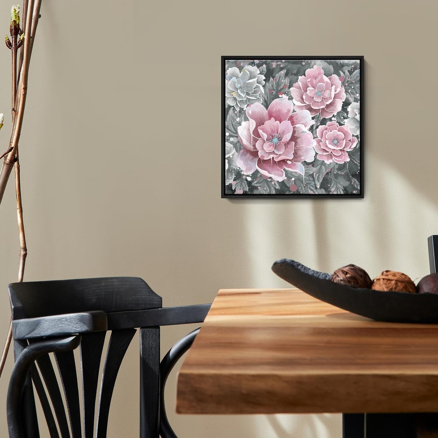 Pink Wall Art Bathroom Décor Modern Framed Floral Wall Picture Black and White Artwork Peony Flower Canvas Print for Bedroom Office Dining Room Décor Small
