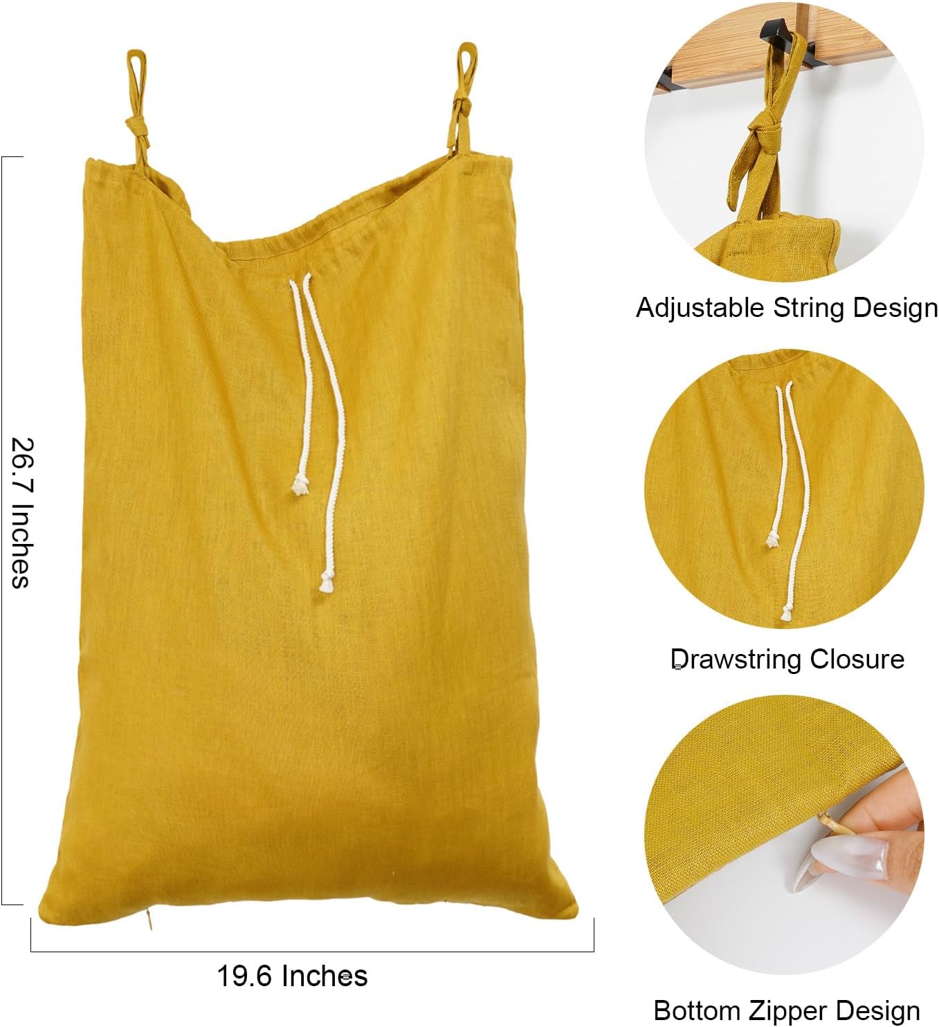Linen Hanging Laundry Bag, Over The Door Laundry Hamper for Dirty Clothes, Drawstring Closure with Bottom Zipper, Turmeric