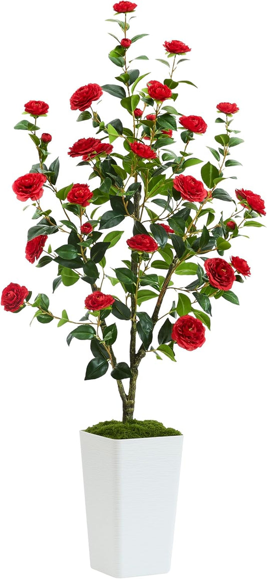 Artificial Camellia Tree 5FT Faux Trees Indoor Fake Floral Plant Blooming Tree with Red Flowers & White Tall Planter, Faux Camellia Plants for Porch Home Room Bedroom Office Front Door Outdoor Decor