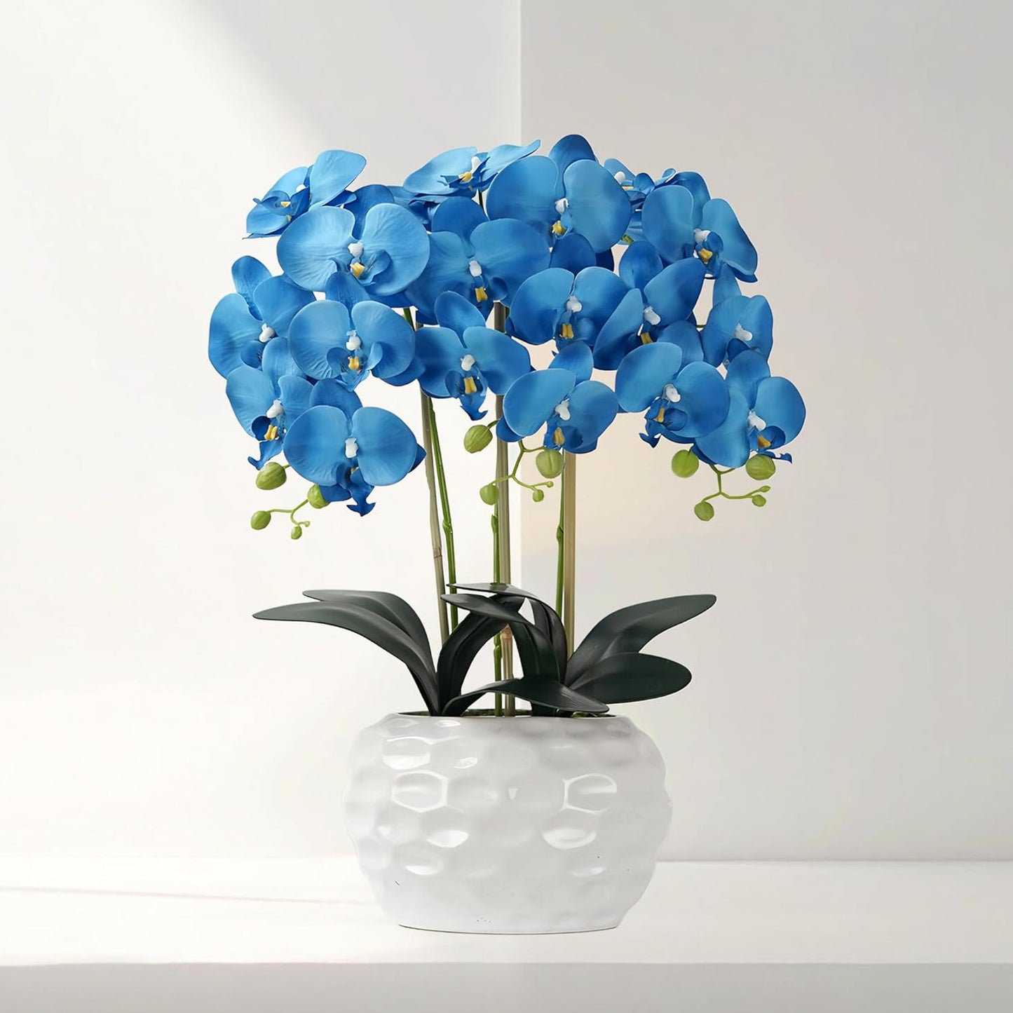 Orchid Artificial Flowers with White Vase Large Silk Faux Phalaenopsis Flowers for Dining Room Table Floral Centerpieces Indoor Decoration,Blue