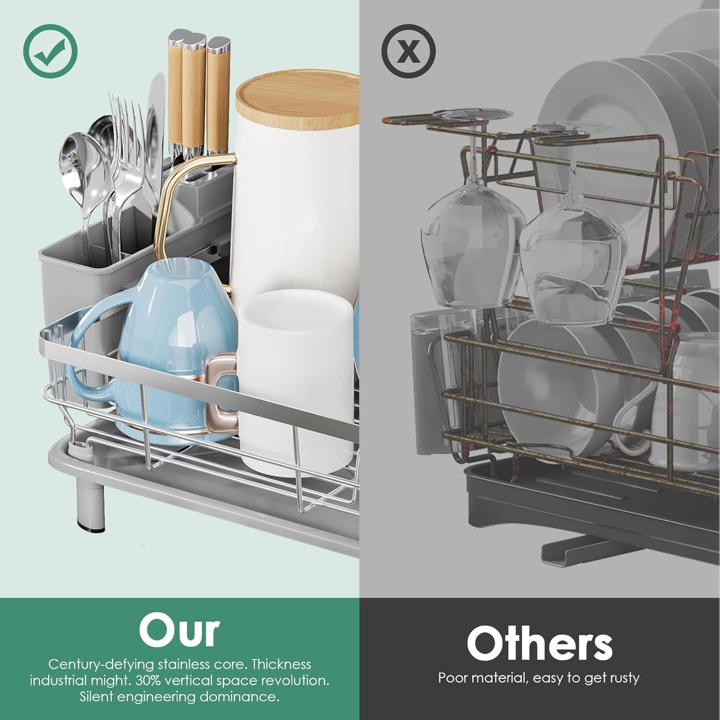 MOUKABAL Dish Drying Rack - Stainless Steel Dish Rack, Dish Racks for Kitchen Counter, Drying Rack Kitchen with Removable Utensil Holder, Drainboard and Glass Organizer (Grey)