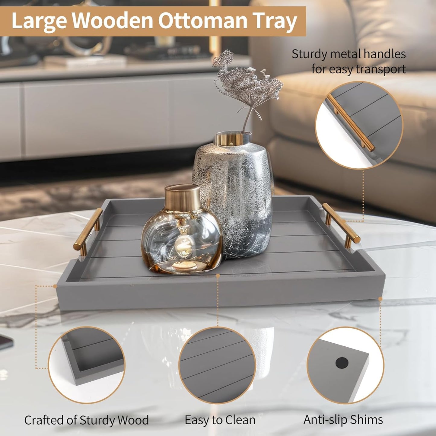 Coffee Table Tray - Large Ottoman Trays for Living Rooms - Wood Serving Tray with Handles(2 Sets) - Wooden Tray for Coffee Table, 4 Round Coasters Included, Gray