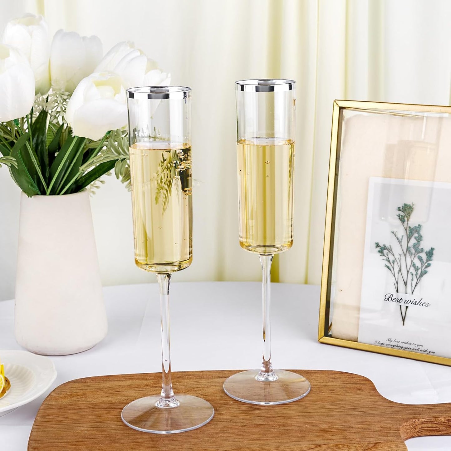 Ciaell 24 Pack Silver Plastic Champagne Flutes - 6 Oz Disposable Champagne Glasses - Square Silver Rim Plastic Toasting Glasses for Party Birthday Anniversary Wedding