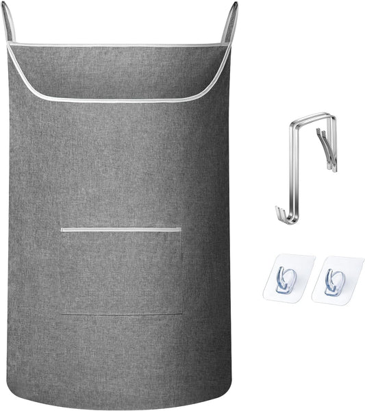 X-Large Hanging Laundry Hamper Bag, Door Hanging Hamper with Front Pocket Dirty Clothes Hanging Laundry Bag Large Size 35X22 inch Door Laundry Basket (Grey)