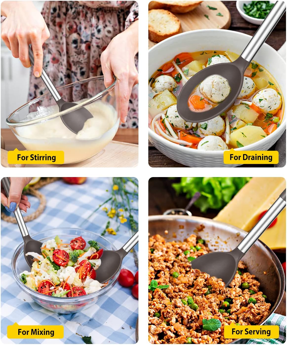 Pack of 2 Large Silicone Cooking Spoons,Non Stick Solid Basting Spoon,Heat-Resistant Kitchen Utensils for Mixing,Serving,Draining,Stirring (CHOCOLATE)