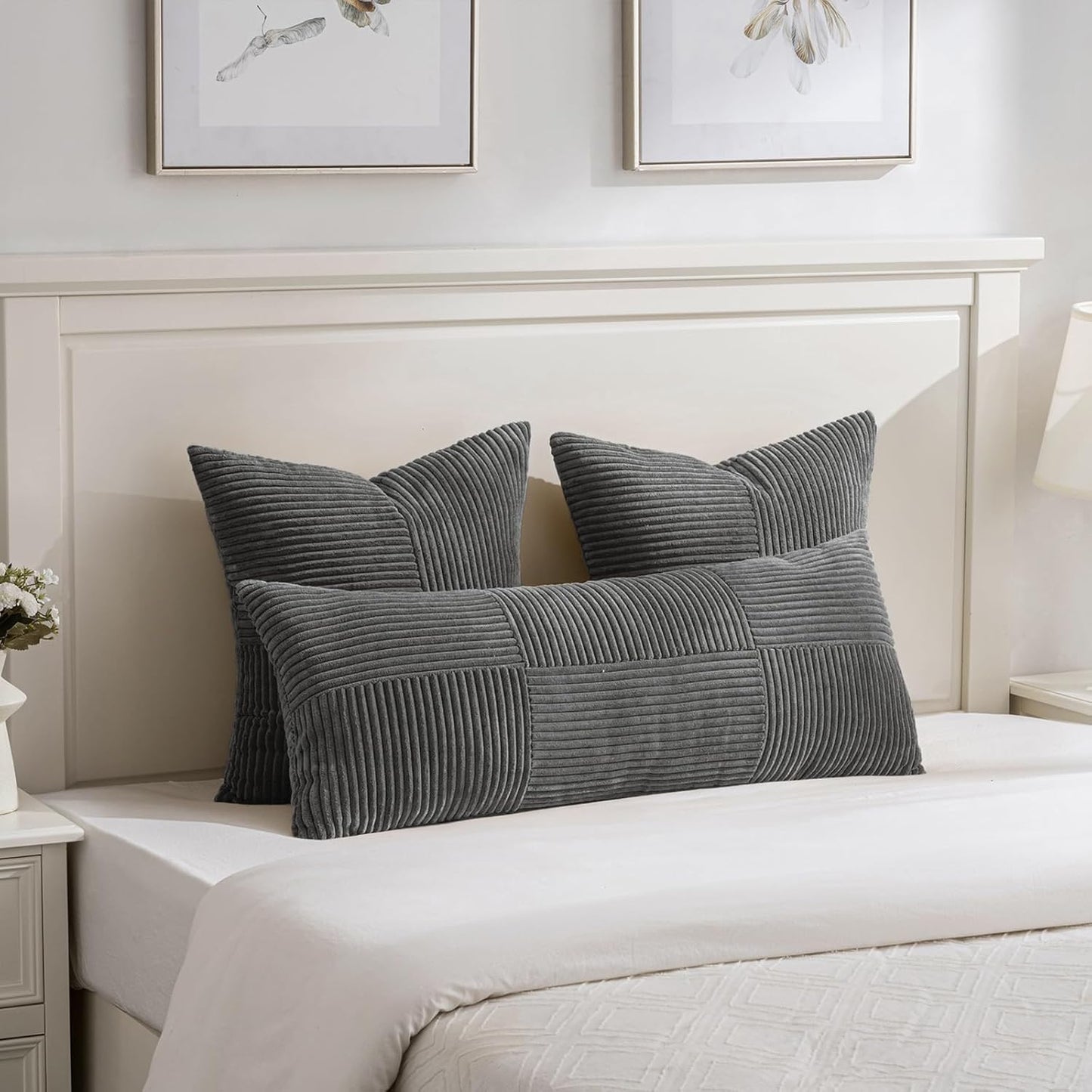 Fancy Homi 2 Packs Dark Gray Decorative Throw Pillow Covers 18x18 Inch for Living Room Couch Sofa, Rustic Farmhouse Boho Home Decor, Soft Corss Corduroy Patchwork Textured Square Cushion Case 45x45 cm