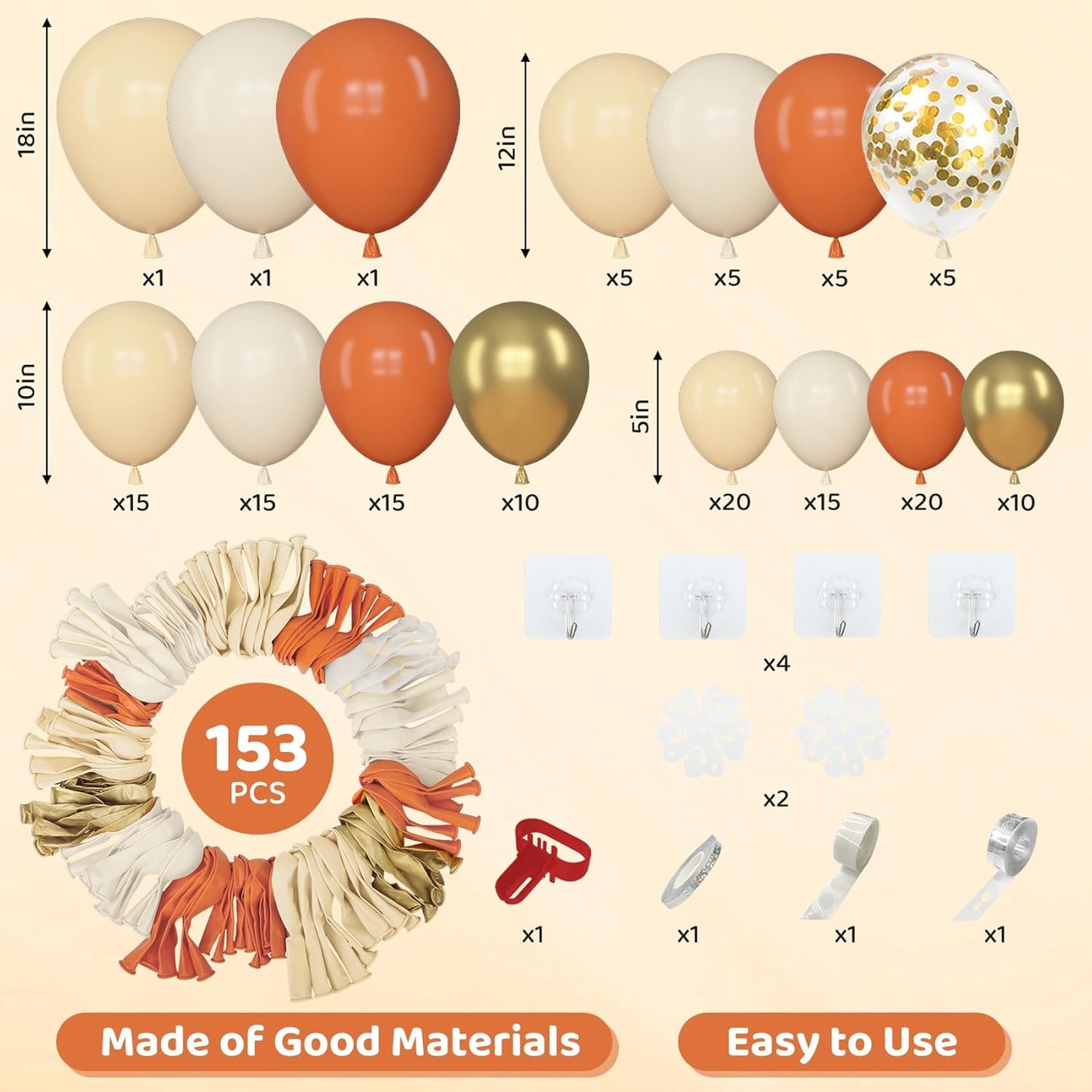 Amandir 153pcs Orange Balloon Arch Garland Kit, Different Sizes 18 12 10 5inch Latex Metallic Gold Confetti White Sand Pastel Orange Fall Balloons for Pumpkin Baby Shower Birthday Party Decorations
