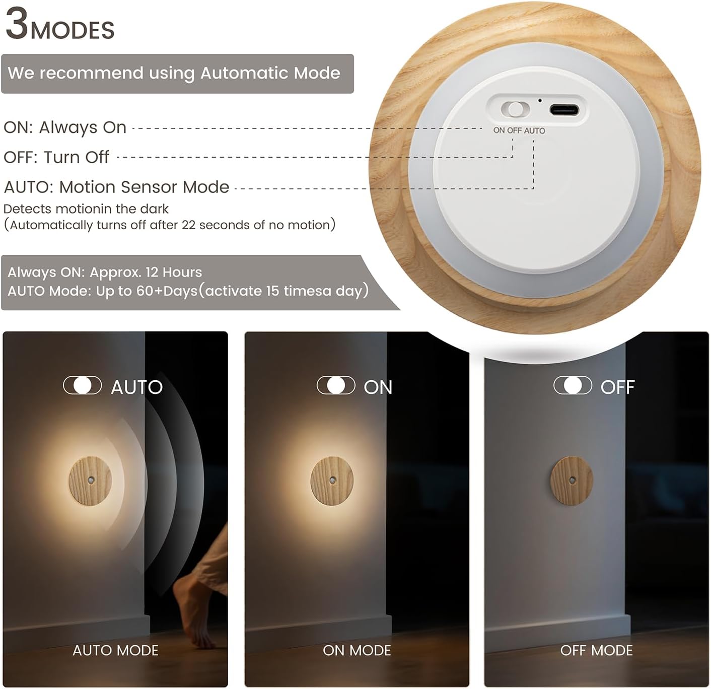 Motion Sensor Night Light Wood Rechargeable Battery-Powered Stick-On Step Lights Loftie Lights Magnetic Closet Warm Nightlight for Hallway Bedroom Stair (2 Pack Ash Wood)