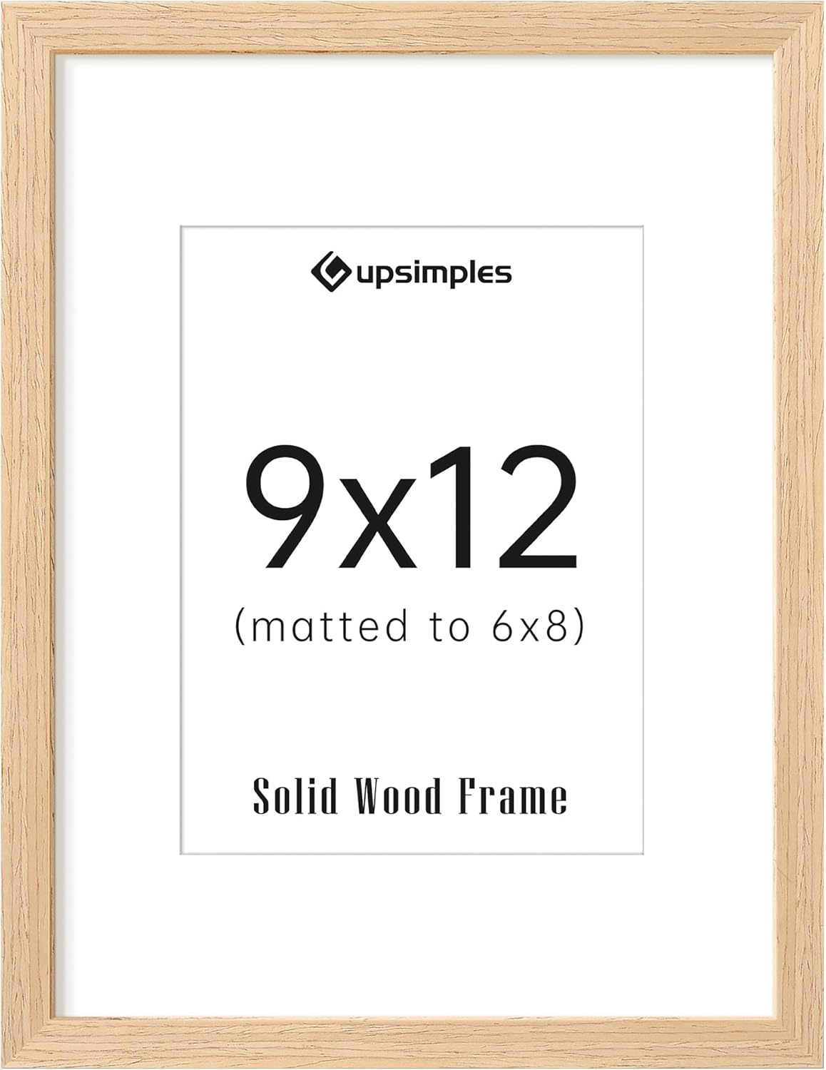upsimples 9x12 Frame, Natural Solid Wooden Picture Frames, Display 6x8 with Mat or 9 x 12 Without Mat, Wall or Tabletop, 1 Pack, Natural