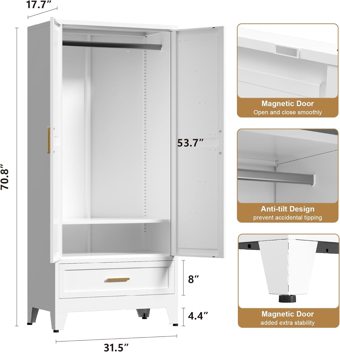 71'' Farmhouse Metal Wardrobe Cabinet with Hanging Rod, 2 Barn Door Wardrobe Closet with Adjustable Shelves,Drawer,for Dining Room,Bedroom,Living Room, Cloak Room,Office (White)