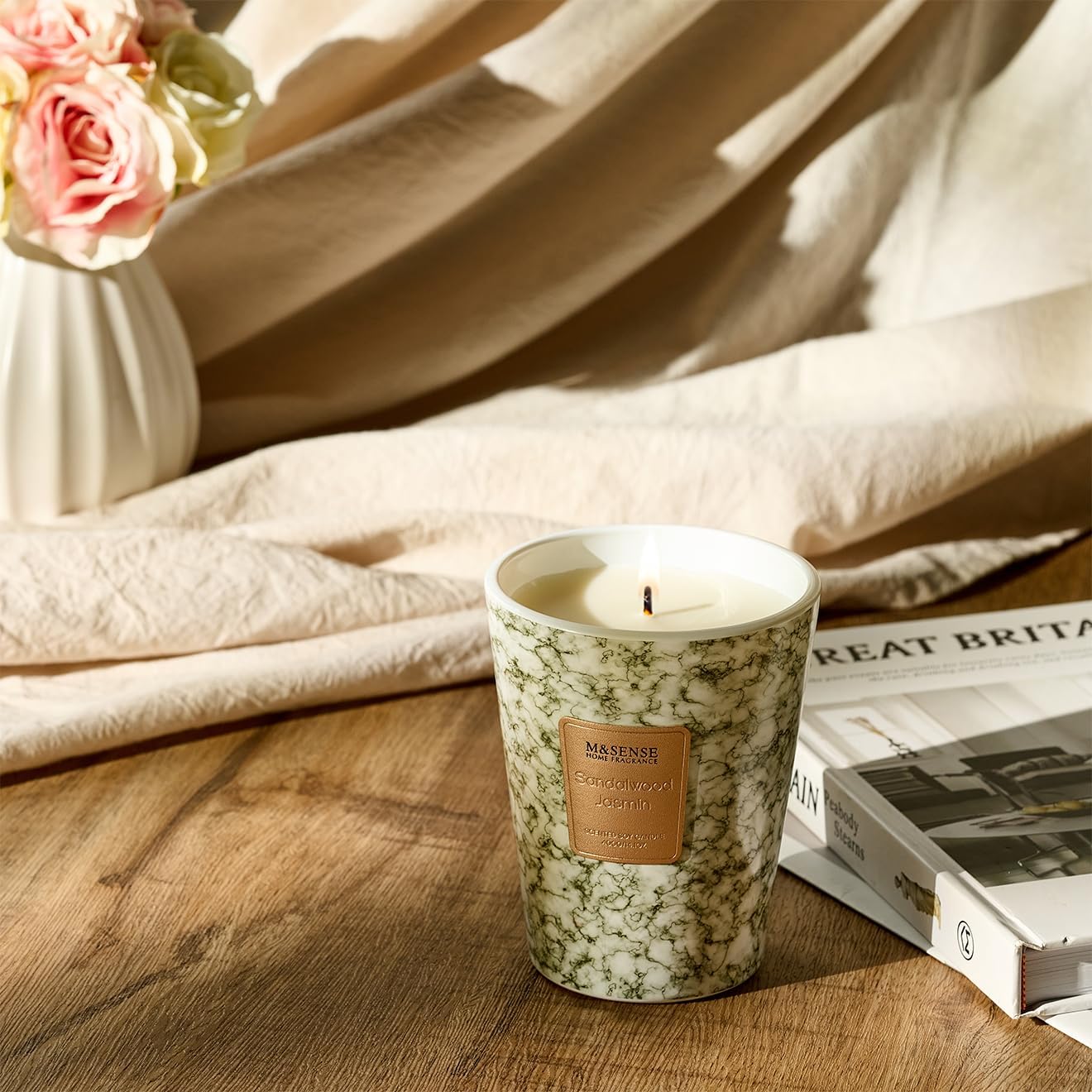 M&SENSE SandalWood Jasmine Scented Candles for Home, Lead-free Wick Highly Scented Jar Candles, 14.1 Oz 80 Hours Lasting Burning Candles Gifts for Women, Relaxing Aromatherapy Candle for Stress Relief