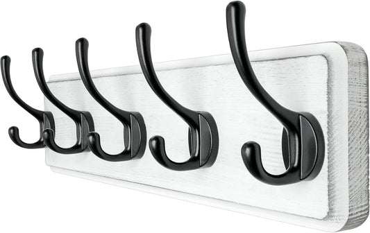 Dseap Coat Rack Wall: Patented, Heavy-duty, 17.4" Long 5-double-hooks Wooden Wall Mounted Coat Rack Coat Hanger Hook Rail for Winter Coats Hat Jacket Clothing, White & Black
