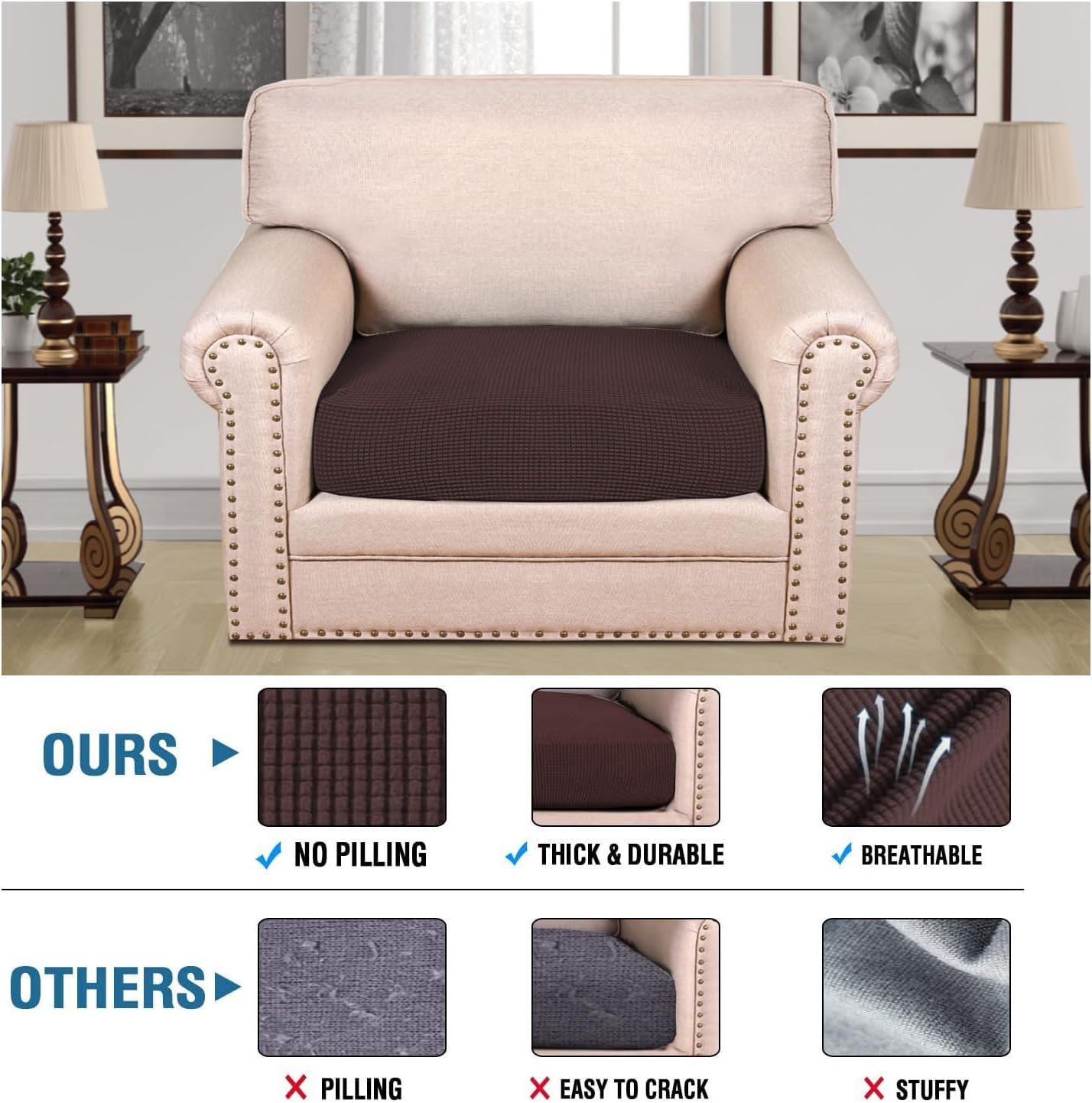 H.VERSAILTEX Super Stretch Individual Seat Cushion Covers Sofa Covers Couch Cushion Covers Slipcover Sets Thick Jacquard Textured Twill Fabric (1 Piece Chair Cushion Cover, Chocolate)