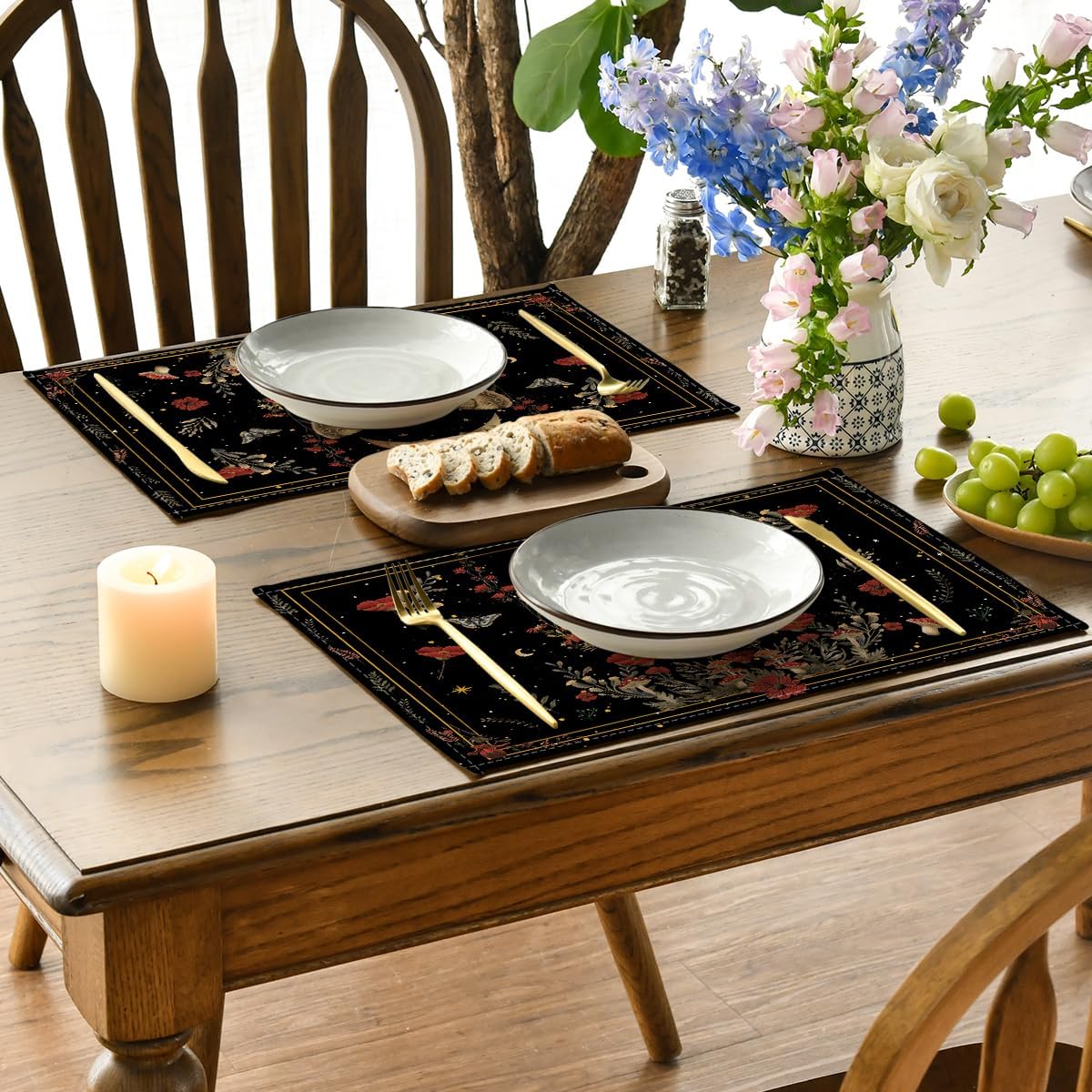 Artoid Mode Black Poppy Moth Moon Placemats Set of 4, 12x18 Inch Floral Spring Table Mats for Outdoor Home Party Kitchen Dining Decor