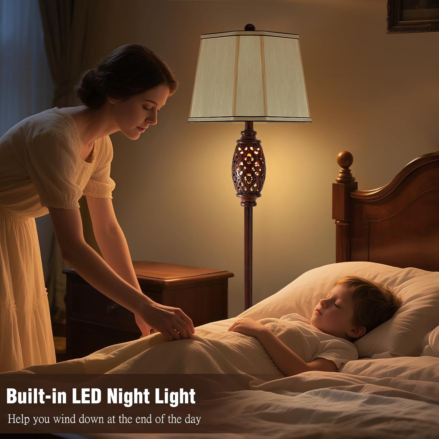 Luvkczc Vintage Floor Lamp - Brown Carved Resin with Hollow Light Design, Rustic Standing Lamp for Living Room, Bedroom, Study(Bulb Included)