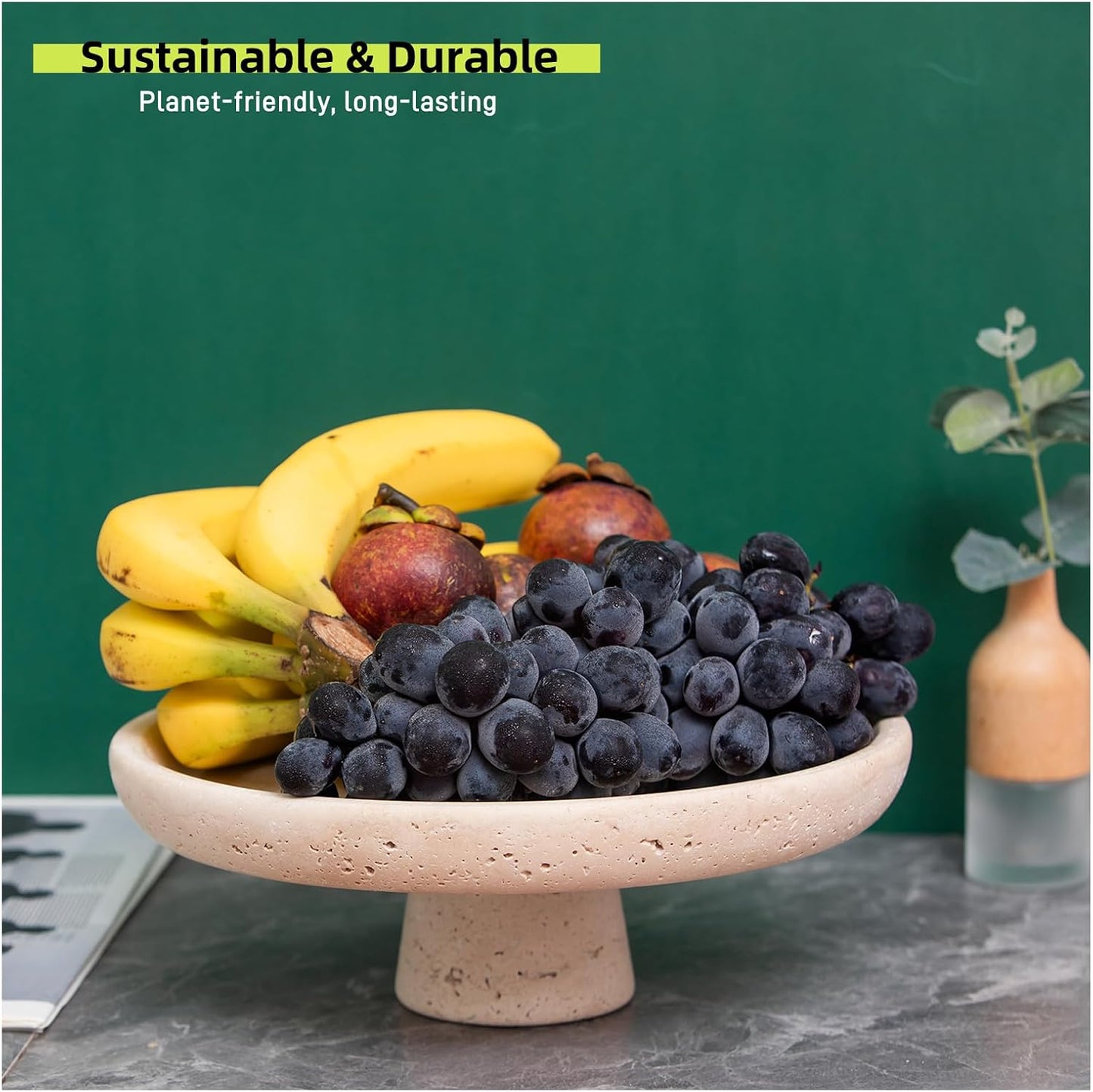 Natural Travertine Fruit Bowl 10.2" – Large Decorative Bowl & Travertine Decor Pedestal for Kitchen Counter & Dining Table ,For Entryway, Kitchen Fruit Bowl, Potpourri, Dining Table Centerpiece.