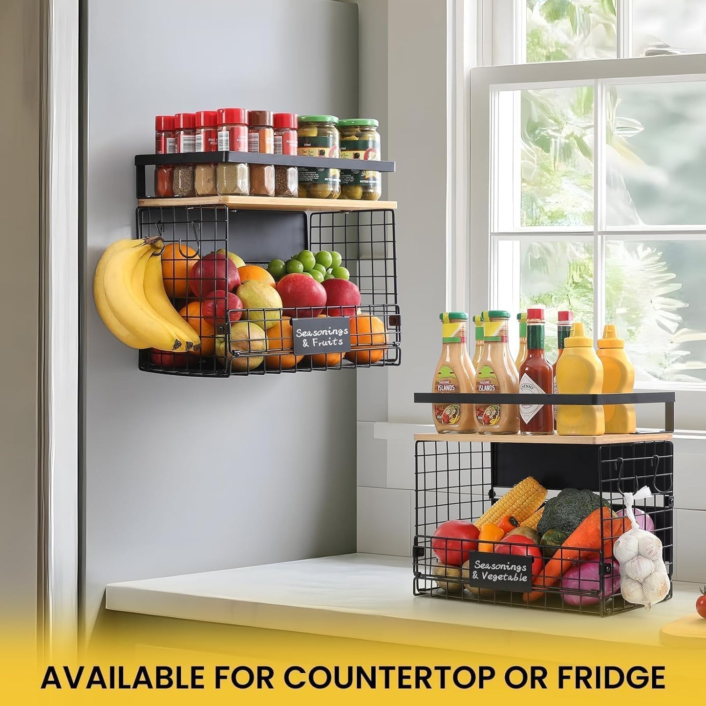 [WIDER Shelf]1 SET Strong Magnetic Shelf Basket for Fridge with Tag & Bamboo Top, XXL Large Magnetic Spice Rack Shelves for Side of Refrigerator, Kitchen Pantry Storage Organizer for Food Fruit Veg