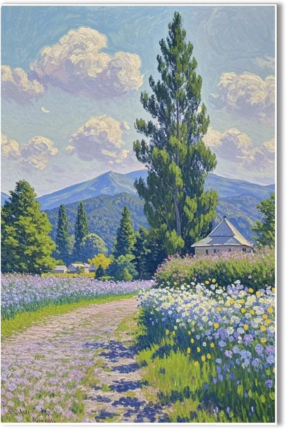 Countryside wildflowers landscape canvas poster natural plant flower artwork retro pastoral flower path suitable for farmhouse decoration