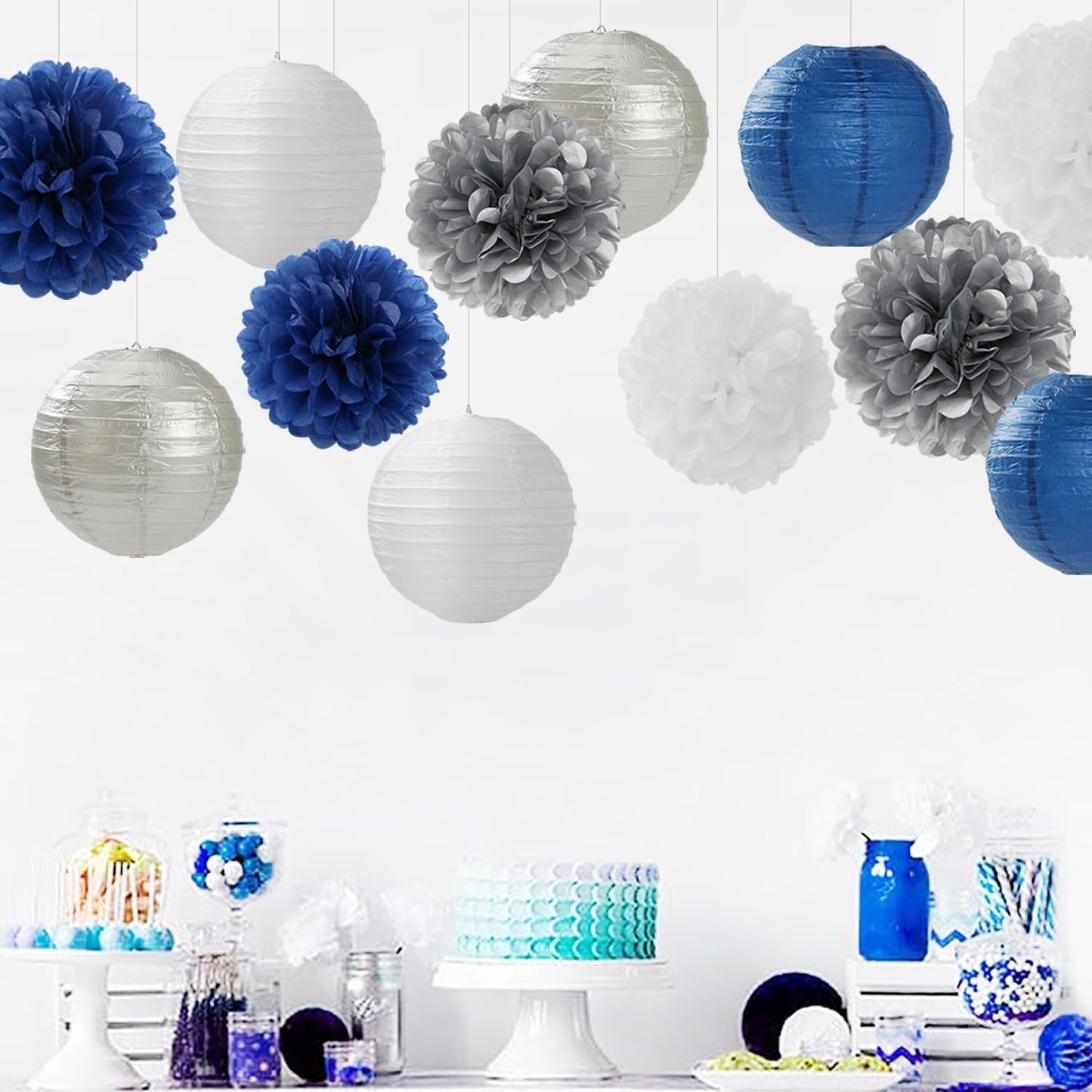 Navy-Blue Silver Party-Decorations Paper-Flowers Lanterns - 15PCS Birthday Royal White Wedding Tissue Pom Poms Streamers,Baby Bridal Shower Bachelorette Graduation Hanging Supplies Decor Hugfond