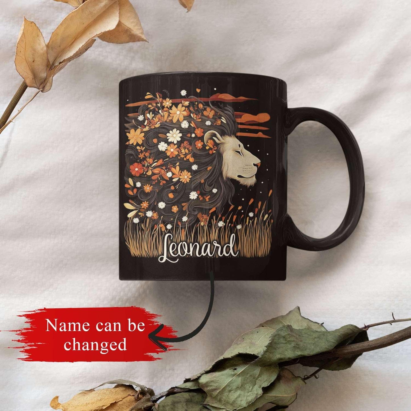 Personalized Lion Lover Cup with Vibrant Floral, Custom Name Coffee Mug 11oz or 15oz, Custom Nature Inspired Ceramic Cup, Artistic Lion Black Coffee Mug, Gifts for Women, Men