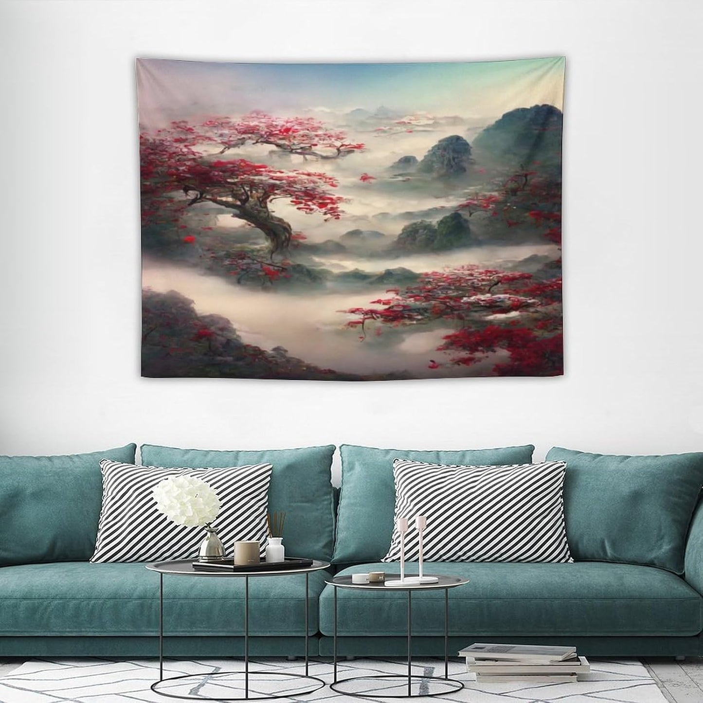 Houselerax Japanese Tapestry, Red Plum Cherry Blossom Mountain Tapestries, Asian Japanese Wall Decor, Nature Landscape Tapestries for Bedroom Living Room Decor 40"x30"