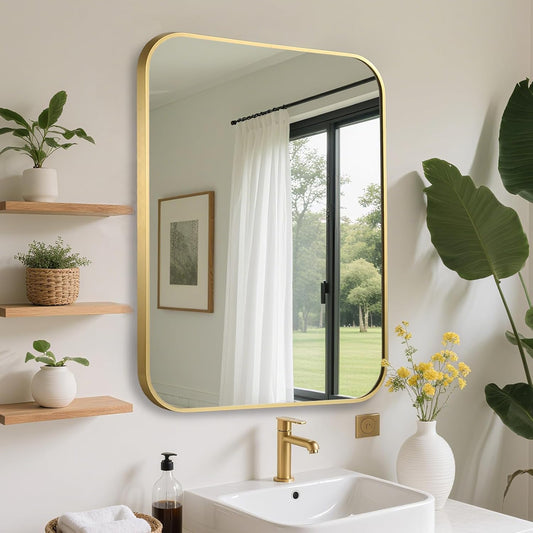 FARMER 24x36 Inch Gold Bathroom Mirror, Rectangle Vanity Mirror, Brushed Mirrors for Wall, Metal Frame Hanging Mirror with Round Corner for Bedrooms, Entryways, Living Rooms, Horizontal/Vertical