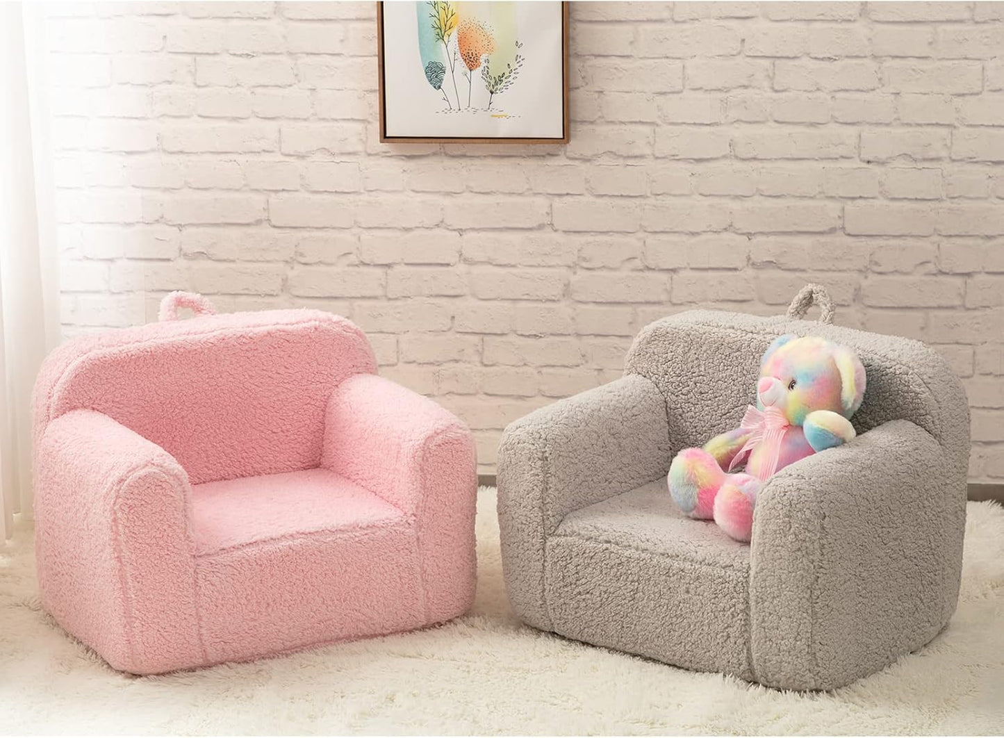 ALIMORDEN Kids Ultra-Soft Snuggle Foam Filled Chair, Toddler Cuddly Sherpa Reading Couch for Boys and Girls, Light Grey