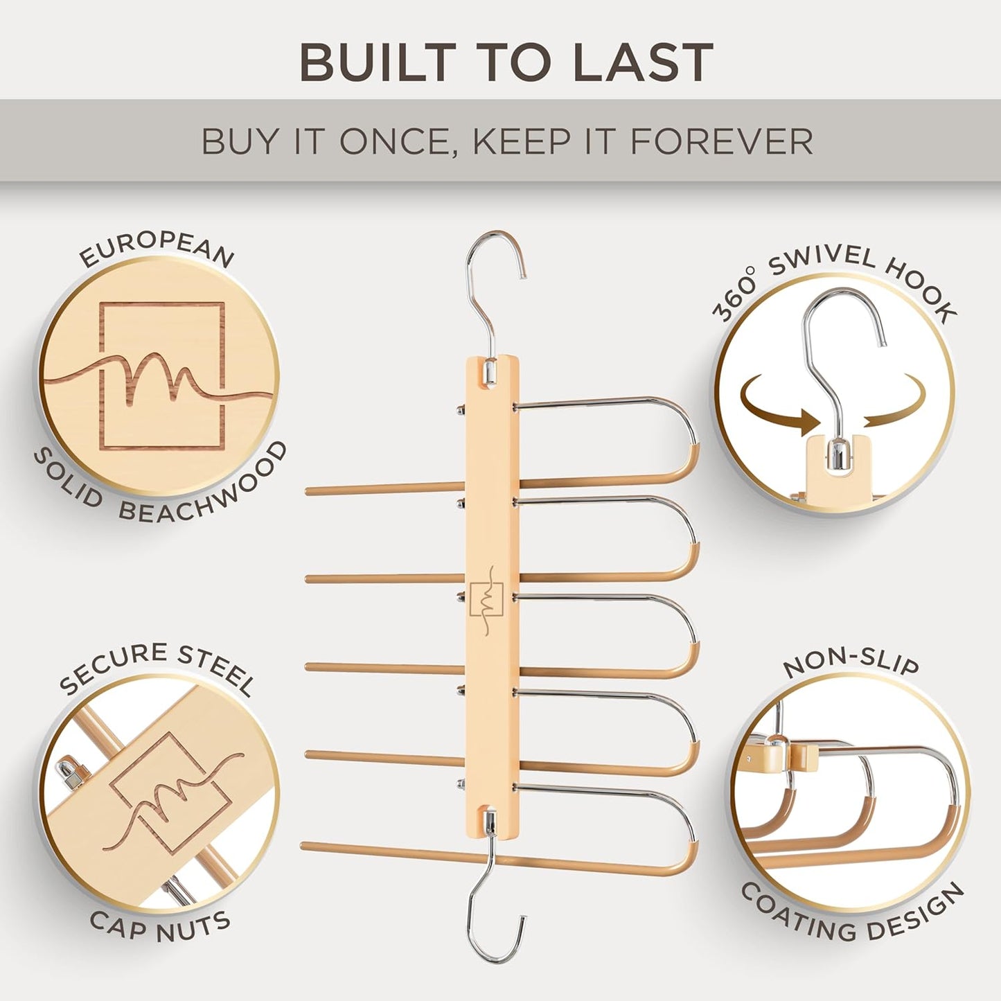 MORALVE Pants Hangers Space Saving - European Beechwood Scarf and Jean Hangers - Closet Organizer and Space Saver Pant Rack, Leggings Hanger, and Scarf Holder with 360° Swivel Hook (1 Pack)