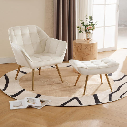 Modern Velvet Accent Chair with Ottoman, Upholstered Lounge Chair with Footrest, Comfy Living Room Chair with Gold Legs Accent Side Chair Armchair for Small Space Bedroom Apartment, Beige