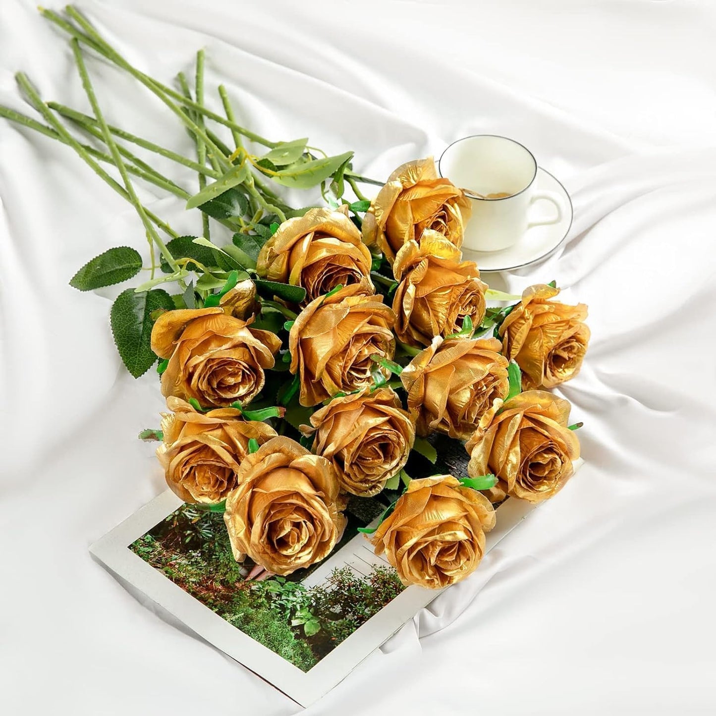 Gold Fake Roses Artificial Flowers - 16 Pcs Fake Artificial Roses Silk Flowers with Stems for Home Wedding Hotel Office Centerpiece Decor