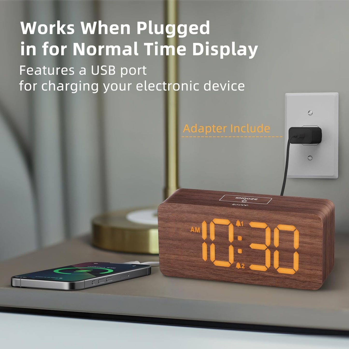 uscce Wooden Digital Alarm Clocks for Bedrooms: Dimmable Dual Alarm Clock with Large Numbers for Bedside Desk - Loud Alarm for Heavy Sleepers with Volume Control - Wood Decor & Gifts
