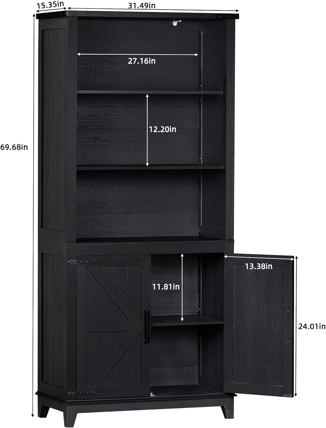 70in Tall Bookshelf 5 Tier Bookcase with Barn Doors and Adjustable Shelves, Black Farmhouse Book Shelf with Storage Cabinet, Wood Freestanding Display Bookshelves for Bedroom, Kitchen (3PCS)