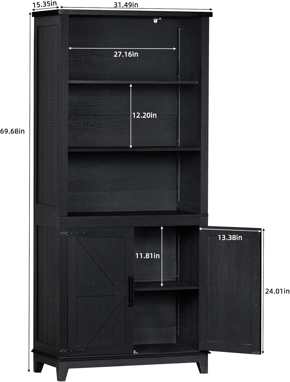 70in Tall Bookshelf 5 Tier Bookcase with Barn Doors and Adjustable Shelves, Black Farmhouse Book Shelf with Storage Cabinet, Wood Freestanding Display Bookshelves for Bedroom, Kitchen (2PCS)