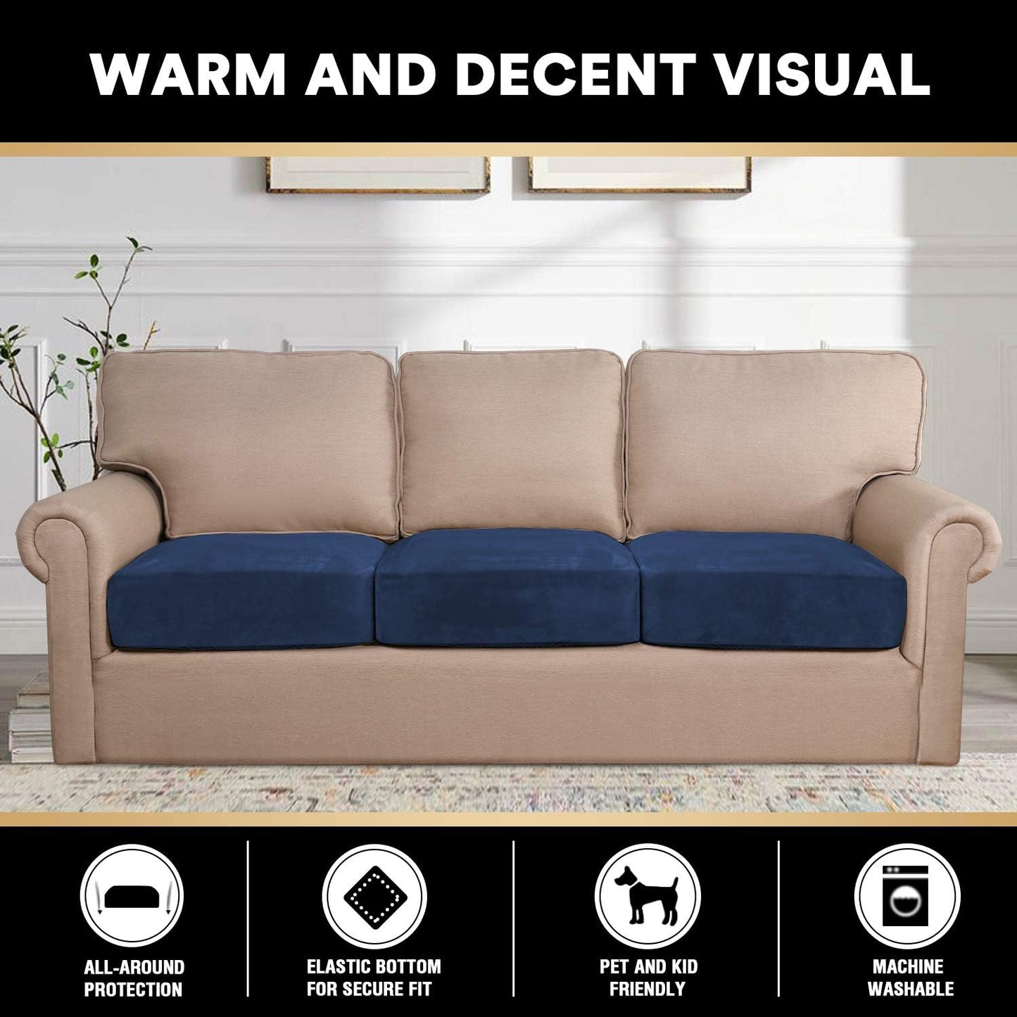 PrinceDeco Couch Cushion Covers, Stretch Washable Sofa Cushion Cover, Fitted Sofa Slipcover Velvet Fabric Non-Slip Furniture Protector for Dog,Pets, Kid (Each Width Up to 29.5", Navy)