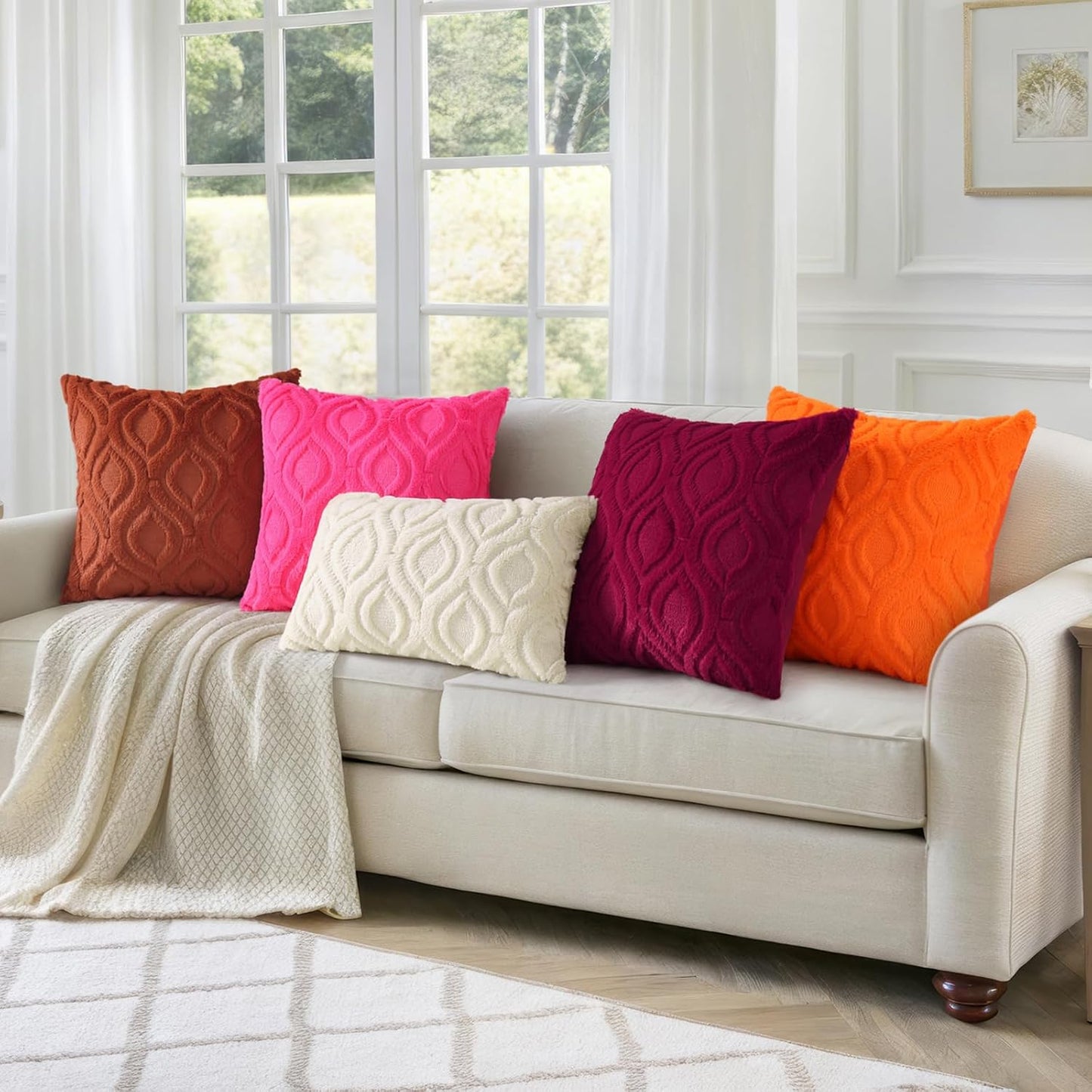 decorUhome Fall Throw Pillow Covers 16x16 Inch Set of 2, Soft Plush Decorative Faux Fur Hot Pink Solid Couch Pillow Covers, Accent Farmhouse Neutral Square Euro Pillow Cases for Sofa Bed Living Room