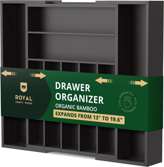ROYAL CRAFT WOOD Luxury Bamboo Kitchen Drawer Organizer - Silverware Organizer - Utensil Holder and Cutlery Tray with Grooved Drawer Dividers for Flatware and Kitchen Utensils (9 Slot, Black)